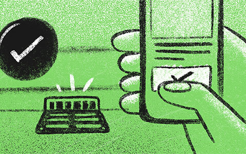 Digital illustration of a closeup of thumb on a phone taking a picture of a storm drain.