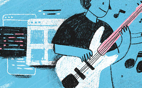 Digital illustration of a person playing an electric bass guitar.
