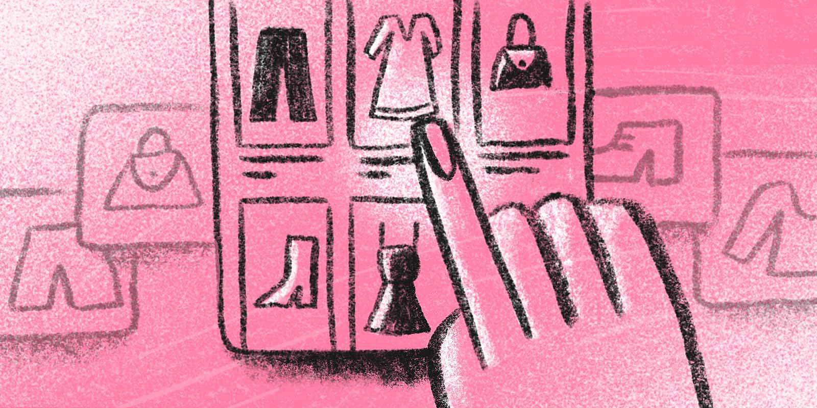 Digital illustration of some clothes and a finger pointing at one of them.