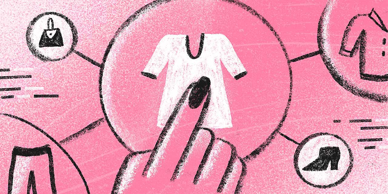 Digital illustration of some clothes and a finger pointing at one of them.