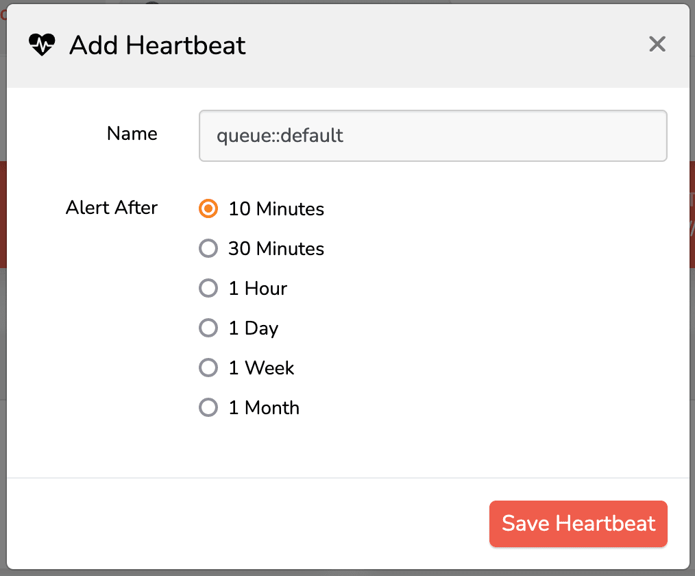 Heartbeat creation form, filled out. Title is set to <code>queue::default</code>. 10 minute Alert timeframe is selected