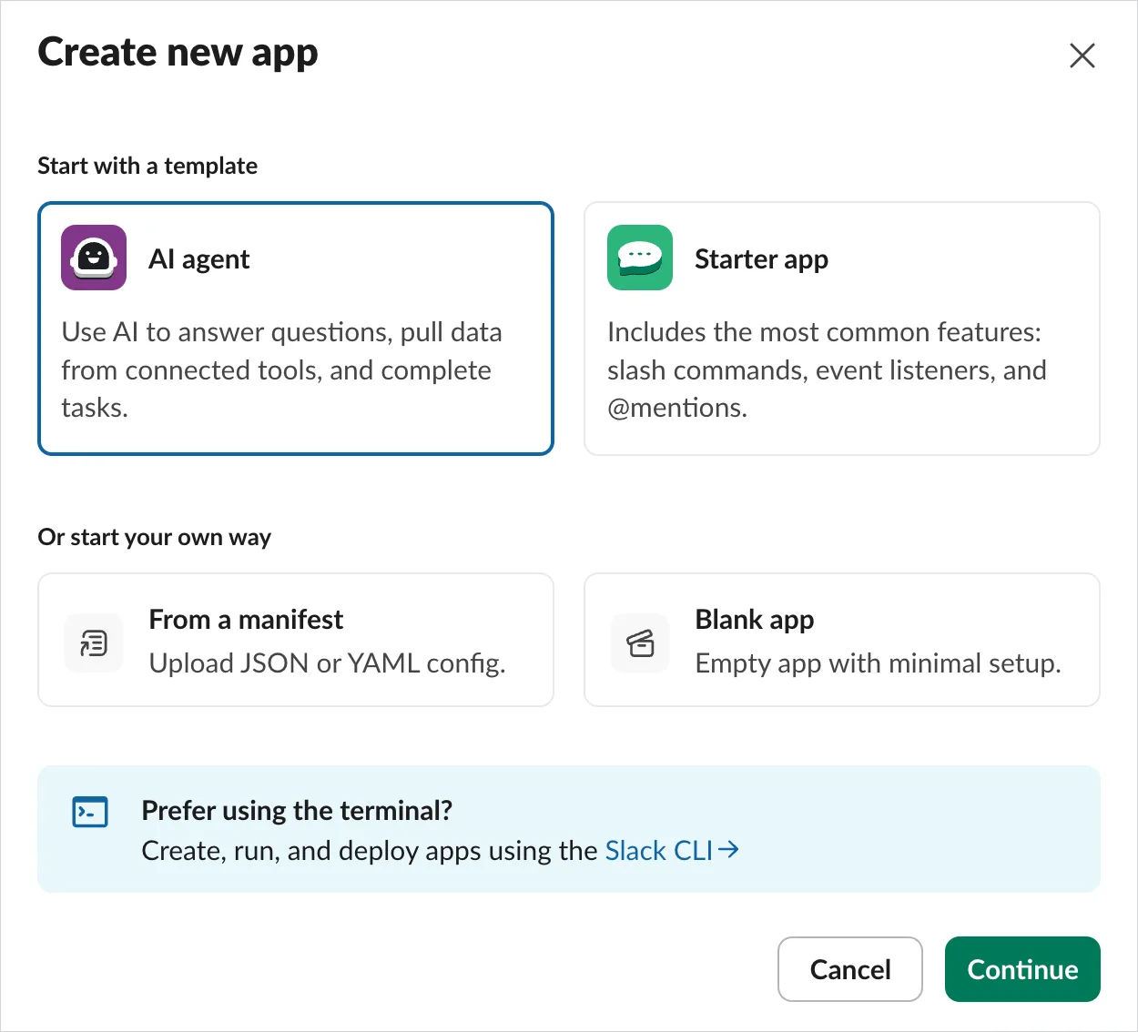 The Slack "Create new app" modal, showing the AI agent, Starter app, From a manifest, and Blank app options