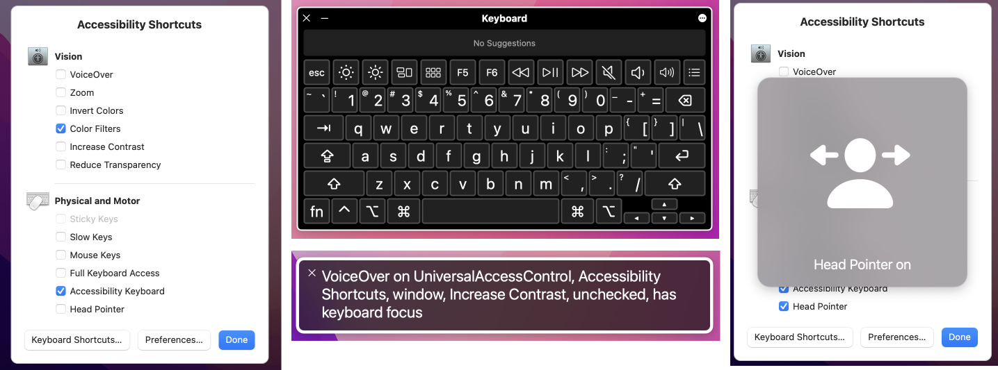 A group of screenshots demonstrating Apple's Accessibility Options on a macbook. On the left is the Accessibility Shortcuts menu. At the top middle is an accessibility keyboard. At the bottom middle is text indicating VoiceOver has been enabled. To the right is an icon and text to indicate the Head Pointer Feature is enabled.