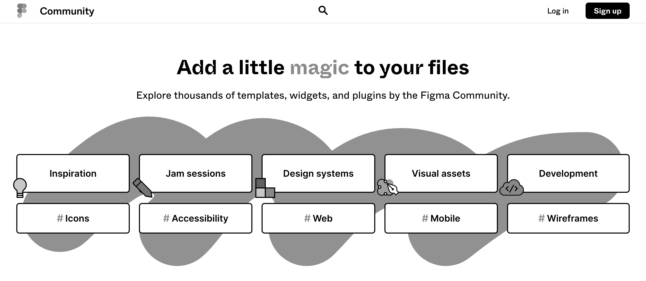 A screenshot of Figma's Community Widgets page in grayscale. Large buttons for widget categories are accompanied by descriptive icons.