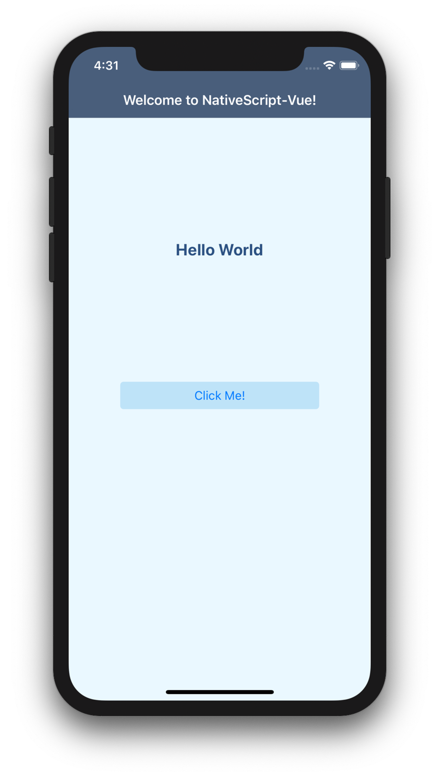 Screenshot of an iPhone simulator showing our custom landing page with "Hello World" text and a "Click Me" button.