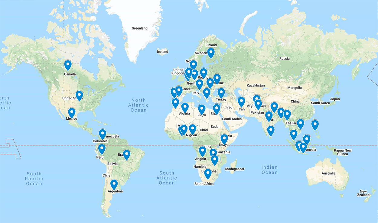 A map of all the countries represented by Laracon scholarship program attendees in 2020.