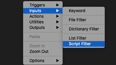 screenshot of workflow context menu selecting Inputs, Script Filter