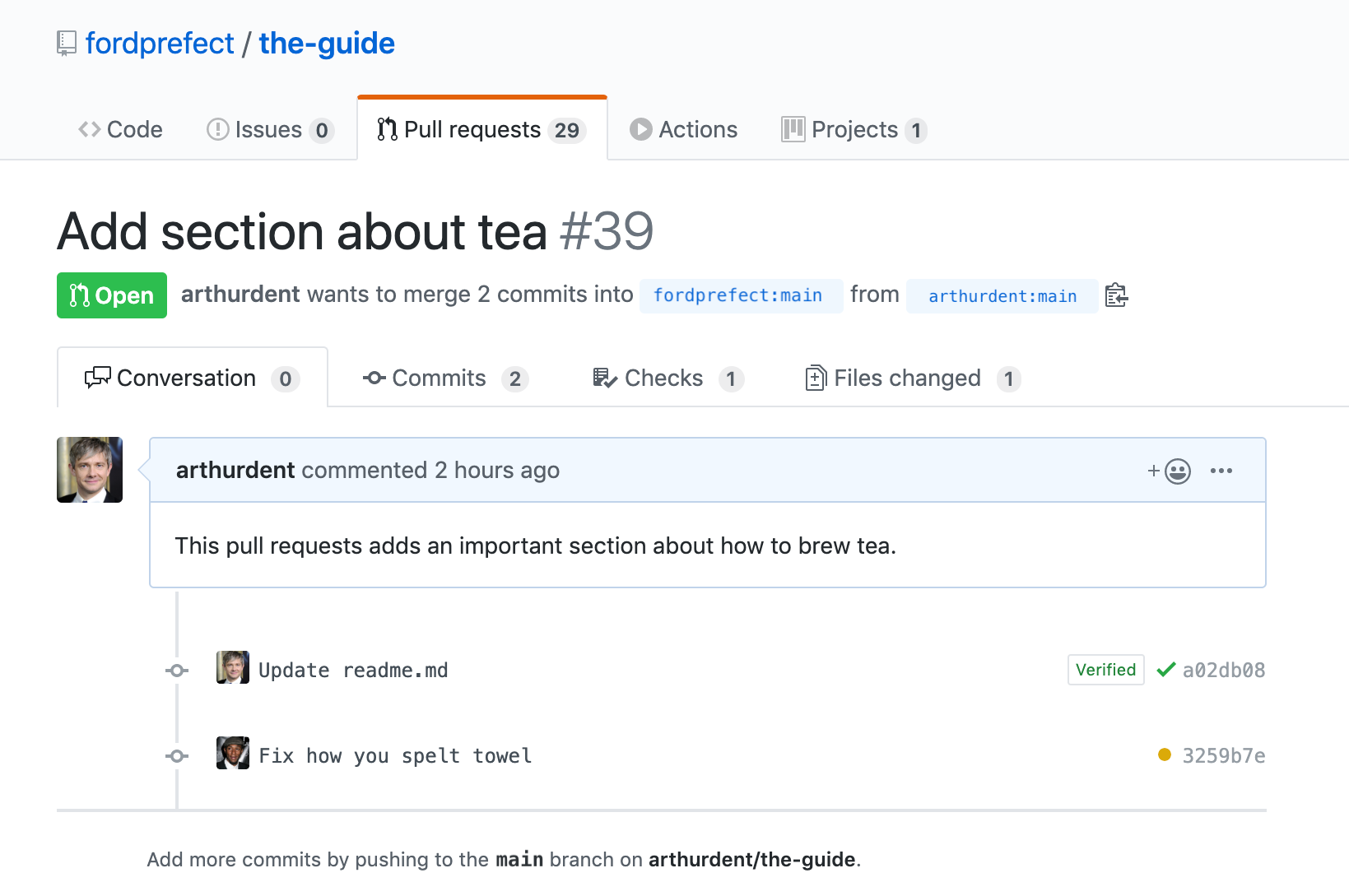 example pull request showing new commit