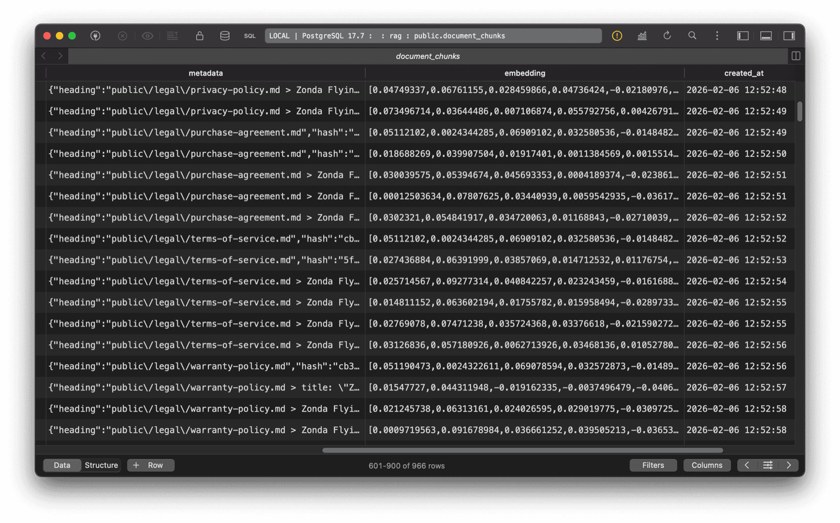 TablePlus screenshot of the document_chunks table