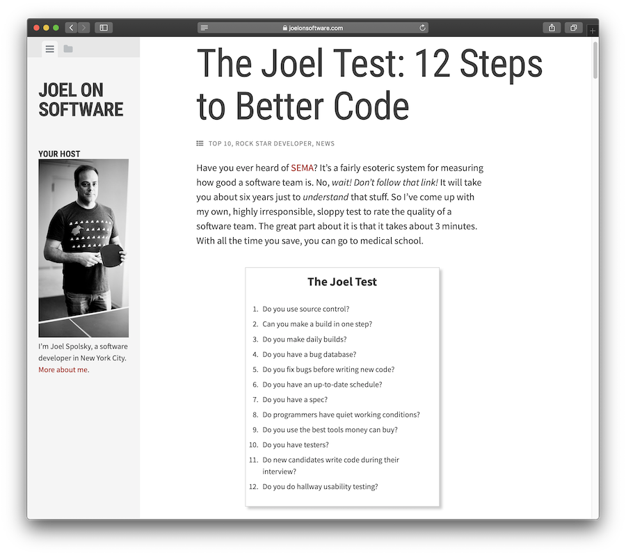 Screenshot of Joel Spolsky’s blog post “The Joel Test: 12 Steps to Better Code”