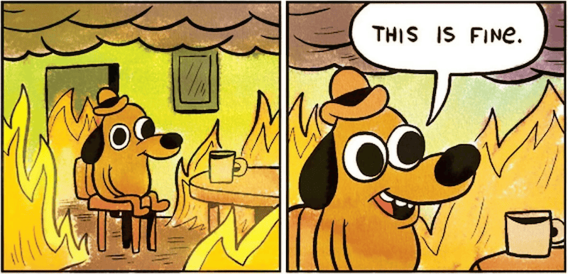 A drawing of a dog in a burning house saying “this is fine”