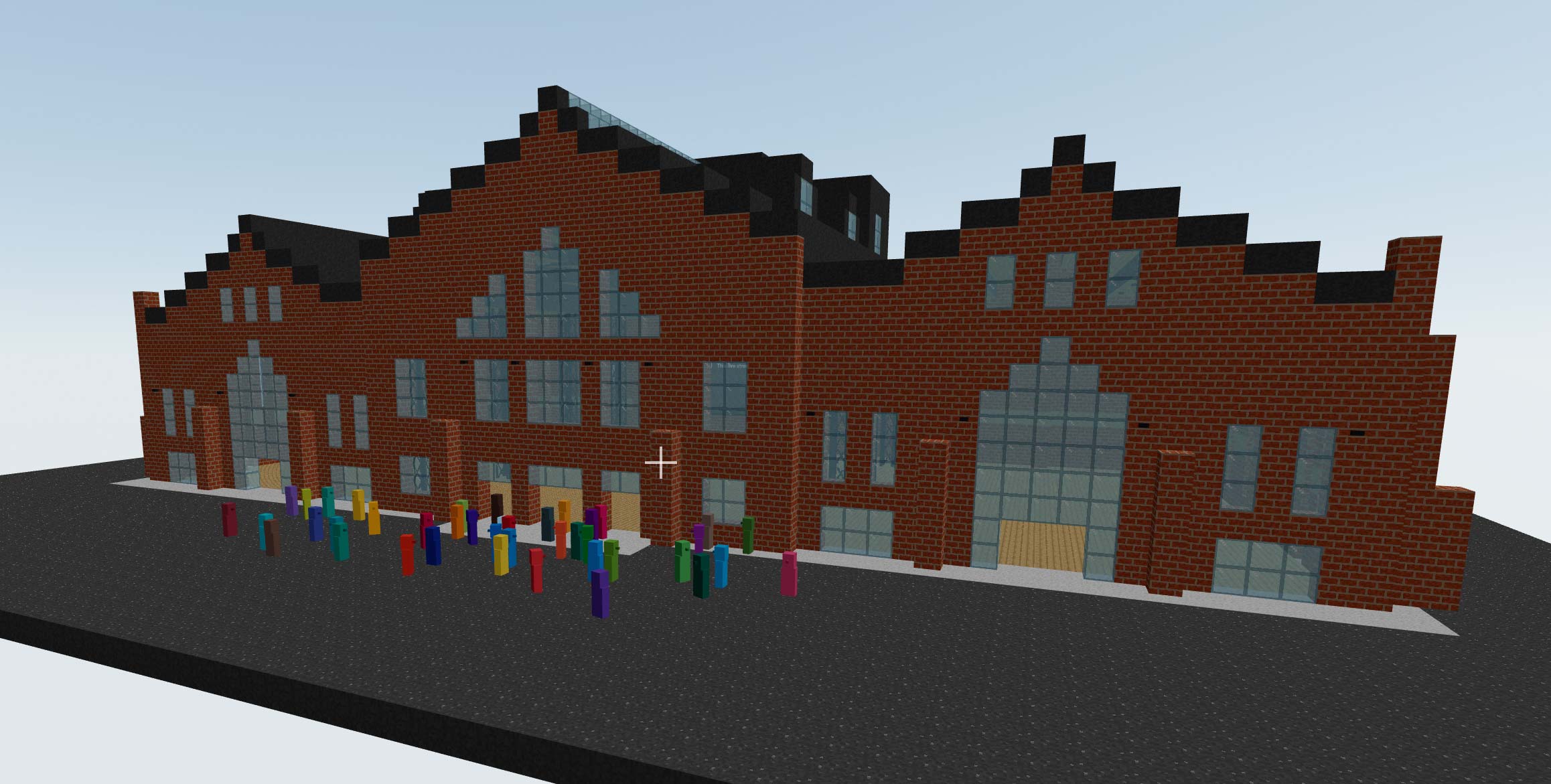 Wide, cinematic screenshot of the recreated SoWa Power Station, populated with several colorful avatars.